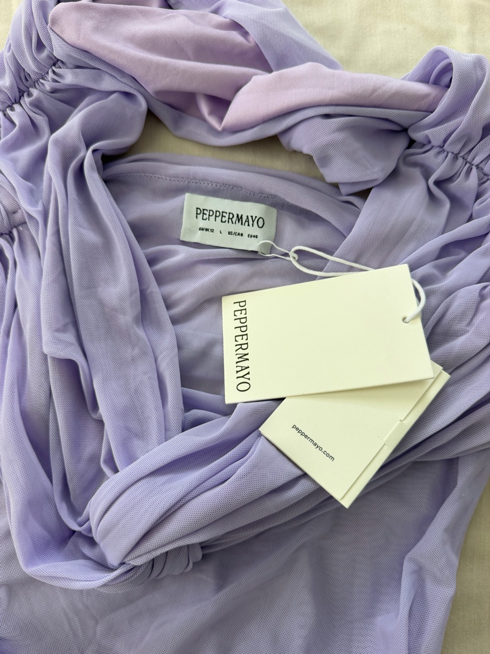 Peppermayo Lilac Off-Shoulder Ruched Long Sleeve Mini Dress - Picture 4 of 5
